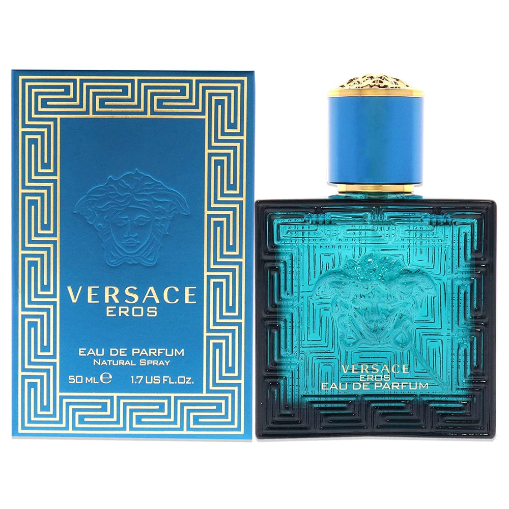 Versace Eros front bottle shot showing elegant glass and label, conveys premium style