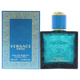 Versace Eros front bottle shot showing elegant glass and label, conveys premium style