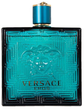 Versace Eros front bottle showing turquoise glass and label for confident presentation