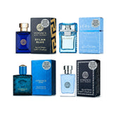 Versace mini set front packaging showing four designer splash bottles for easy sampling