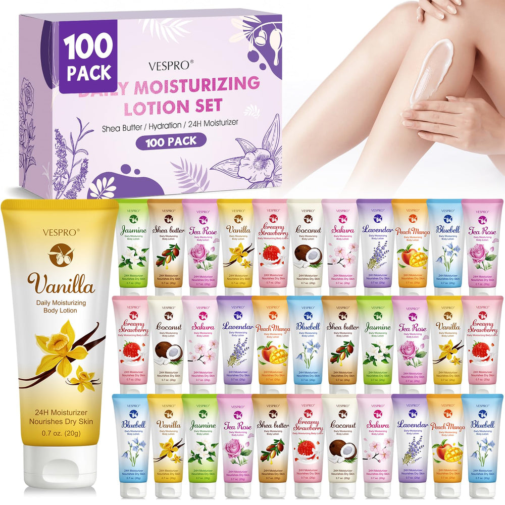 VESPRO front packaging showing 100-pack mini lotions and label benefit: travel-friendly convenience