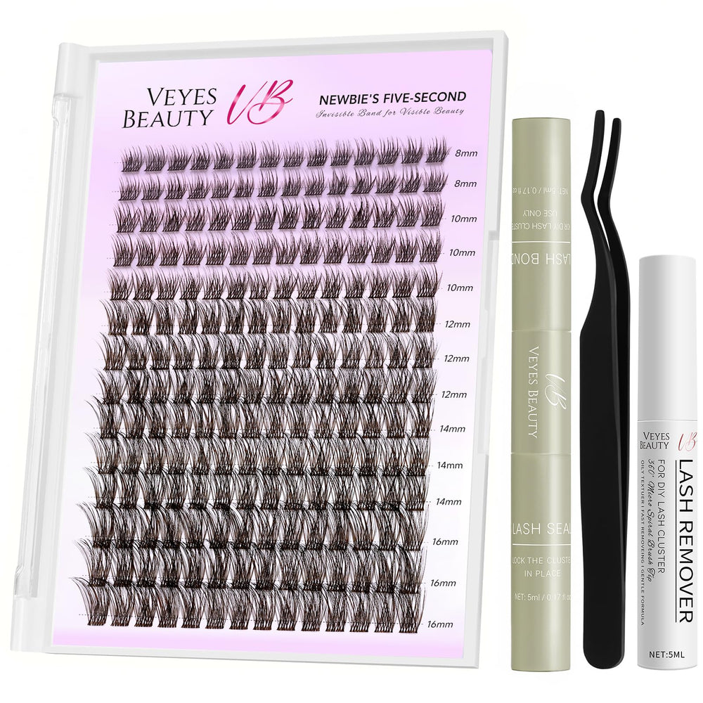 VEYESBEAUTY front packaging showing brown lash clusters and contents, clear benefit of organized kit