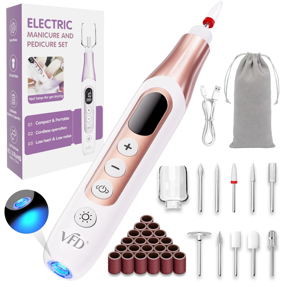 VFD electric nail drill front view showing compact two-in-one design and portability
