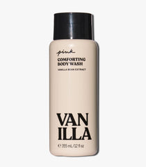 Victoria's Secret Pink label closeup displaying vanilla scent and ingredient highlights