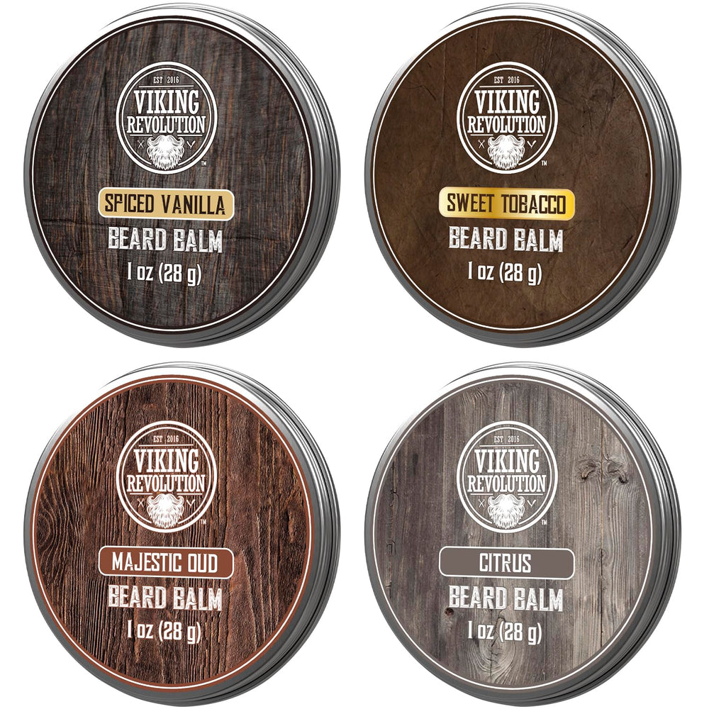 viking revolution front packaging showing four balm tins and scent names, travel-ready benefit