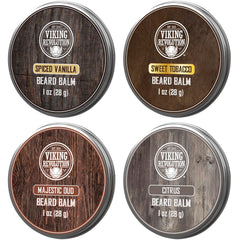 viking revolution front packaging showing four balm tins and scent names, travel-ready benefit