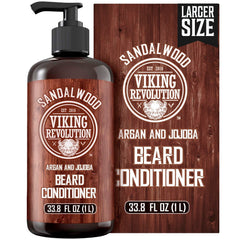 Viking Revolution front bottle showing sandalwood conditioner and easy application benefit