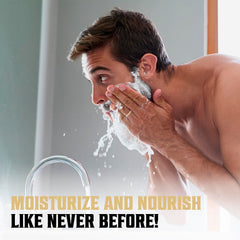 Viking Revolution applied in shower to damp beard demonstrating practical post-wash use benefit