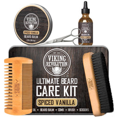 Viking Revolution metal tin open showing complete beard kit, gift-ready
