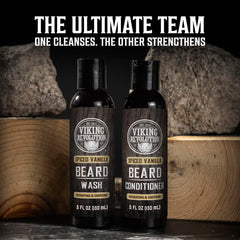 Viking Revolution beard wash bottle close-up highlighting gentle cleansing benefit