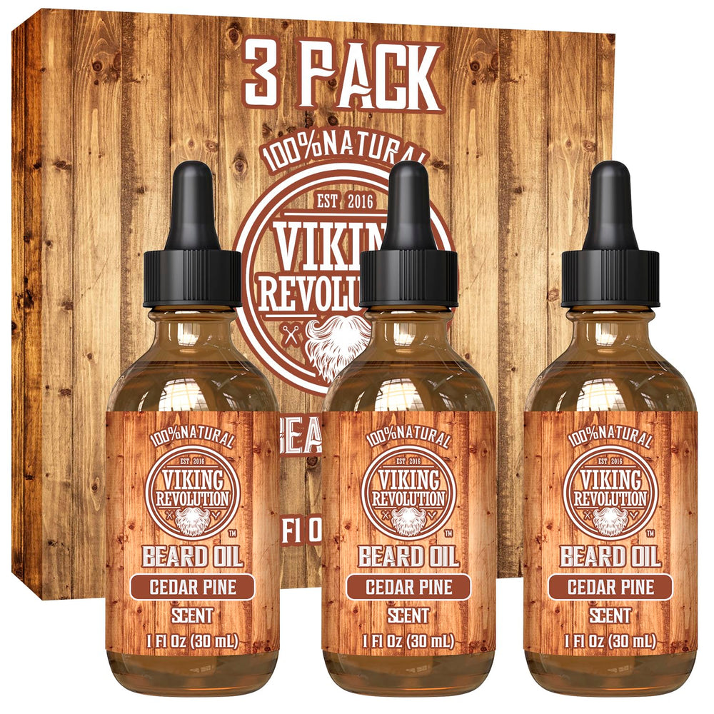 Viking Revolution front packaging showing three cedar and pine bottles for reliable grooming