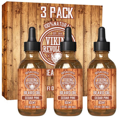 Viking Revolution front packaging showing three cedar and pine bottles for reliable grooming