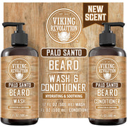 Viking Revolution front packaging showing Palo Santo scent and two 17 oz bottles benefiting routine grooming