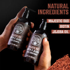 Viking Revolution bottle label closeup highlighting Majestic Oud scent and biotin formula