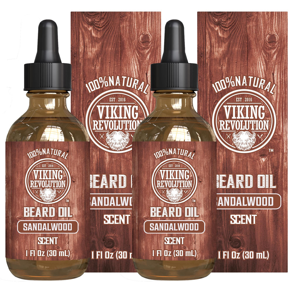 Viking Revolution front packaging showing two sandalwood beard oil bottles and benefits