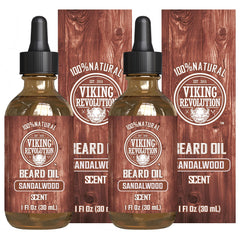 Viking Revolution front packaging showing two sandalwood beard oil bottles and benefits