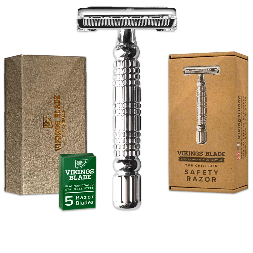 Vikings Blade Chieftain front view showing premium metal finish and precise profile, promotes smooth shave