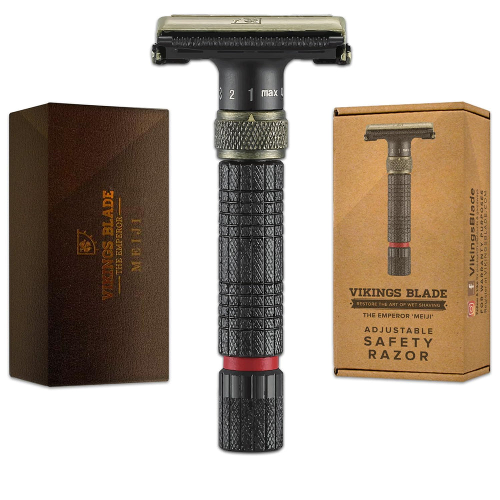 Vikings Blade Emperor Meiji front view showing sleek design and durable metal for precision shaving