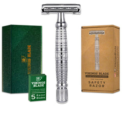 Vikings Blade Vulcan front view showing sleek metal razor and benefits of durability