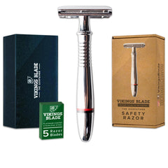 Vikings Blade front packaging showing complete razor kit and benefits
