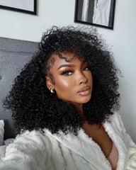 virginess front view of 16 inch kinky curly half wig showing natural hairline and volume