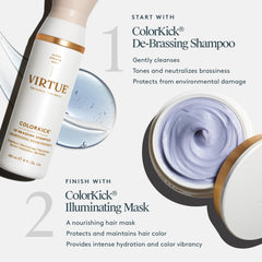VIRTUE ColorKick before and after hair comparison showing reduced brassiness benefit