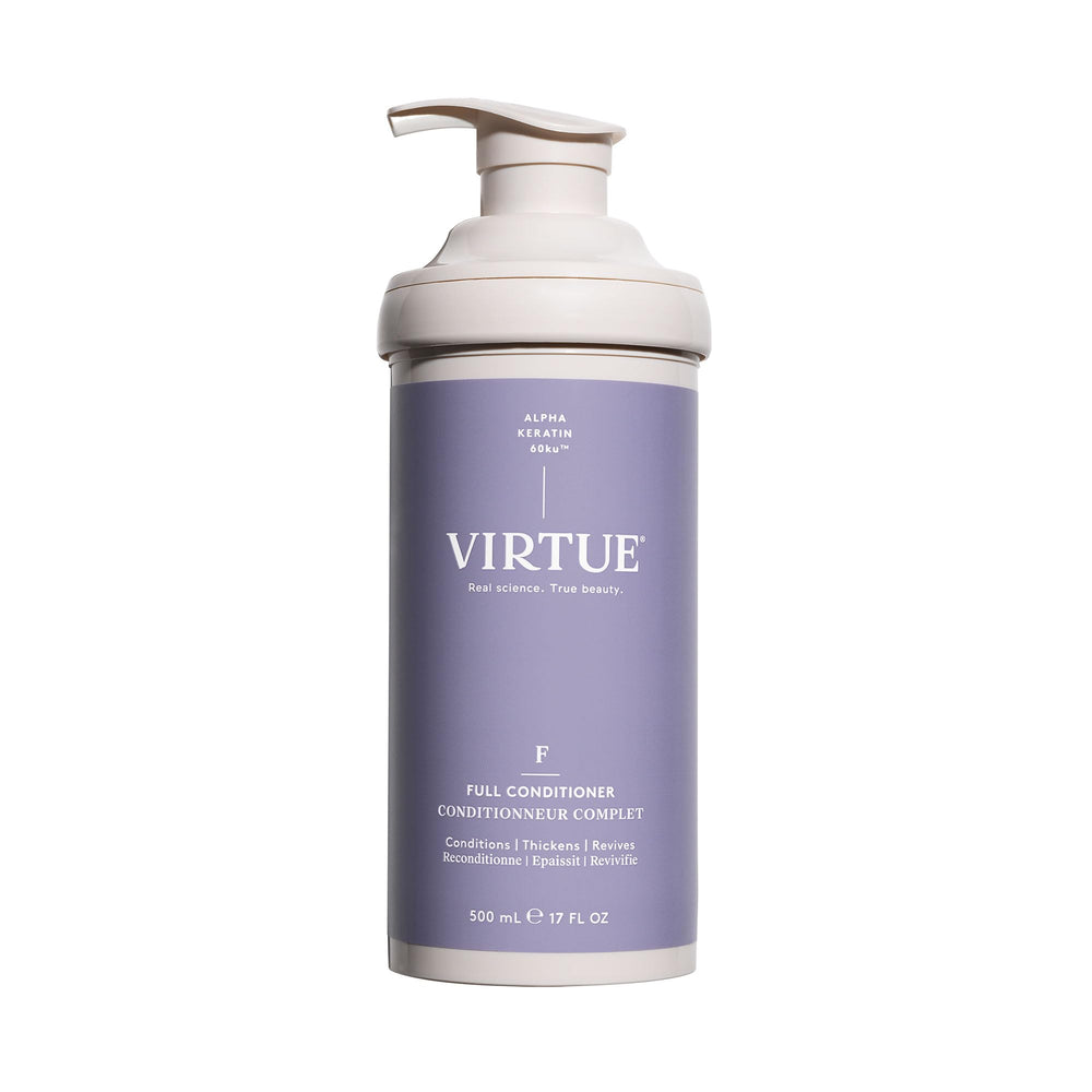 VIRTUE full conditioner front bottle shows clean design and size benefit