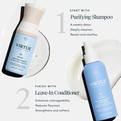 VIRTUE label close-up showing Alpha Keratin 60ku and clean ingredients