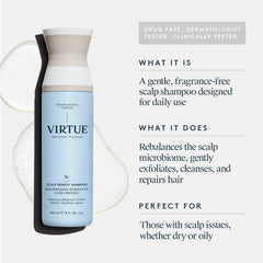 VIRTUE label close-up highlighting fragrance-free and drug-free benefit