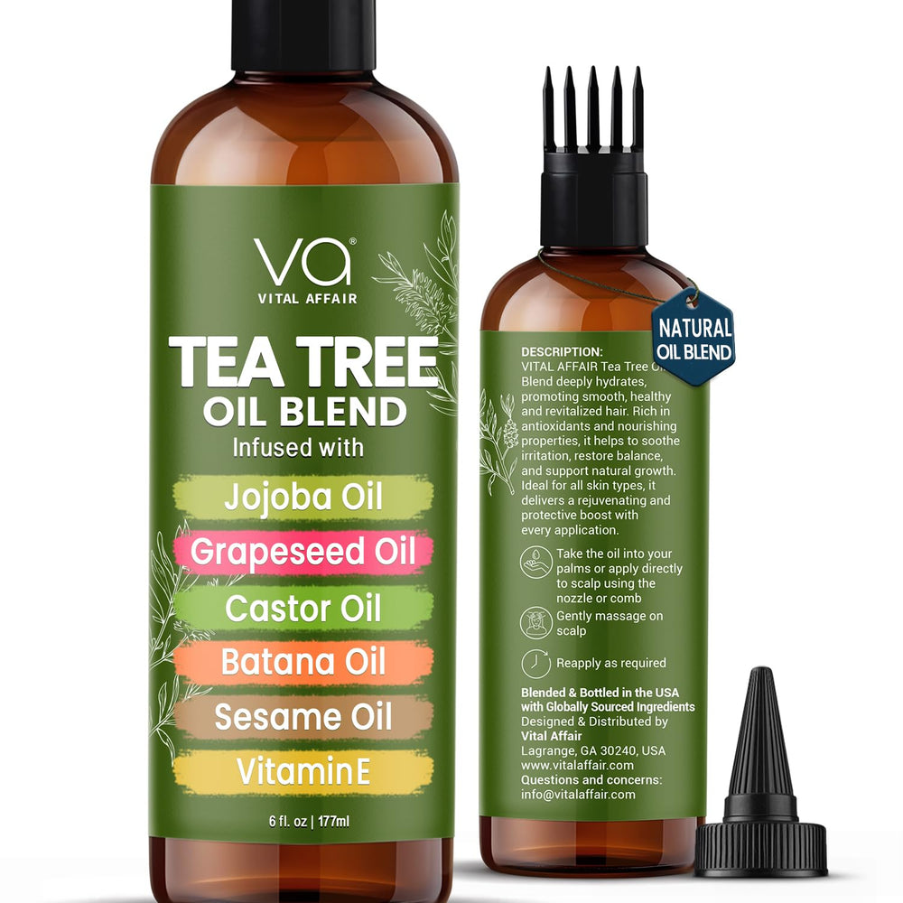 VITAL AFFAIR front bottle showing tea tree hair oil, clear packaging and product benefit