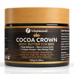 VITALSKINOIL front jar showing label and cocoa-cologne scent for confident grooming