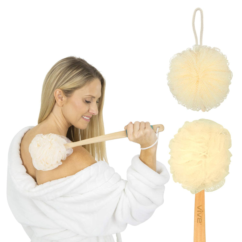 Vive front view of loofah set showing both heads and handle, easy reach benefit