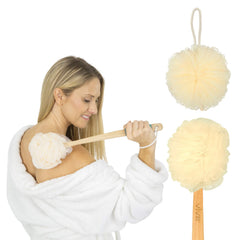 Vive front view of loofah set showing both heads and handle, easy reach benefit
