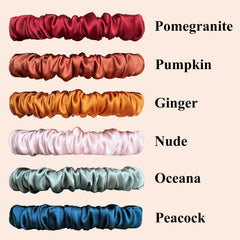 VLOMOT silk scrunchies laid out in color array, easy outfit matching benefit