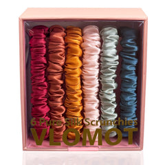 VLOMOT front packaging showing six vintage silk scrunchies, neat set presentation