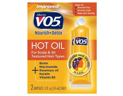 VO5 front packaging showing six single-use hot oil packets and benefits