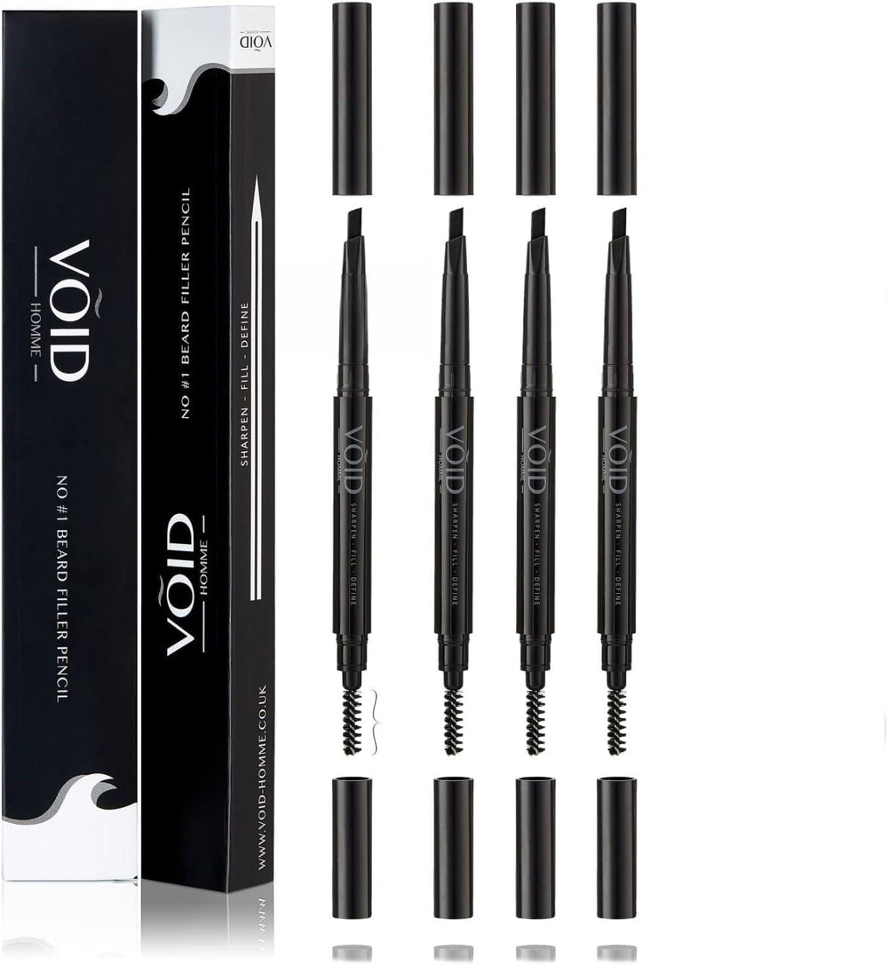 VOID Homme front packaging showing four black beard pencils and kit benefits
