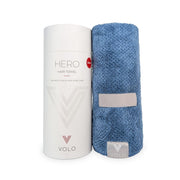 VOLO Hero towel front packaging showing Cielo Blue, fast drying benefit