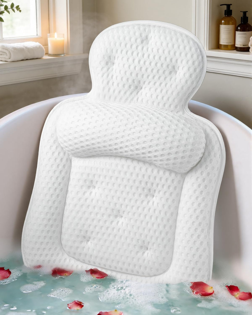 VOXOR front view of white bath pillow showing plush support and comfort