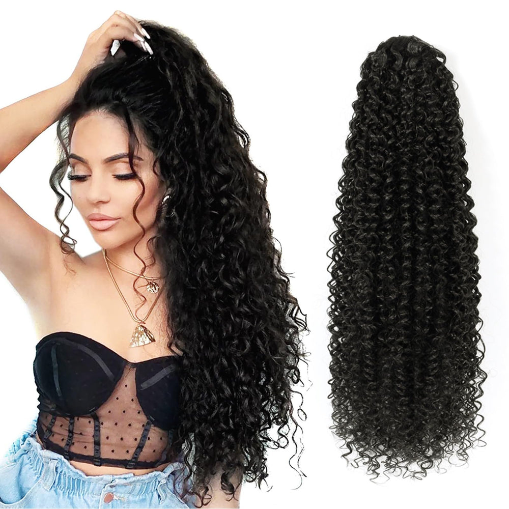 vroosar front view of 28in ponytail shows full curly volume and instant length