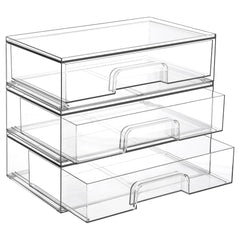 Vtopmart front view of three clear stackable organizers showing neat storage benefit