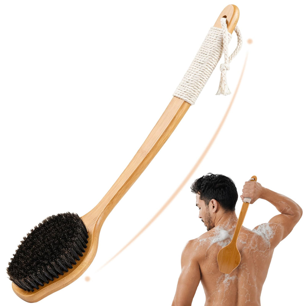 VWMYQ bamboo scrubber front view showing curved handle and bristle face benefit reach