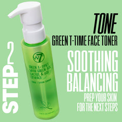 W7 Green T-Time toner spritz in hand showing soothing, balancing effect