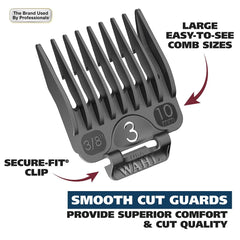 Wahl chrome pro attachment guards spread showing 13 Secure-Fit guards for consistent lengths