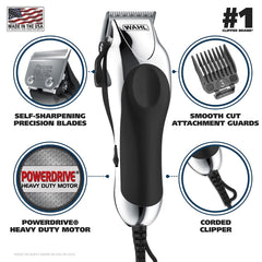 Wahl chrome pro blade closeup highlighting self-sharpening high-carbon edge for precise cuts