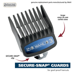 Wahl metal clip detail on guard, providing secure attachment benefit
