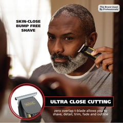 Wahl Edge Pro T-blade close-up showing blade detail and benefit: precise crisp lines