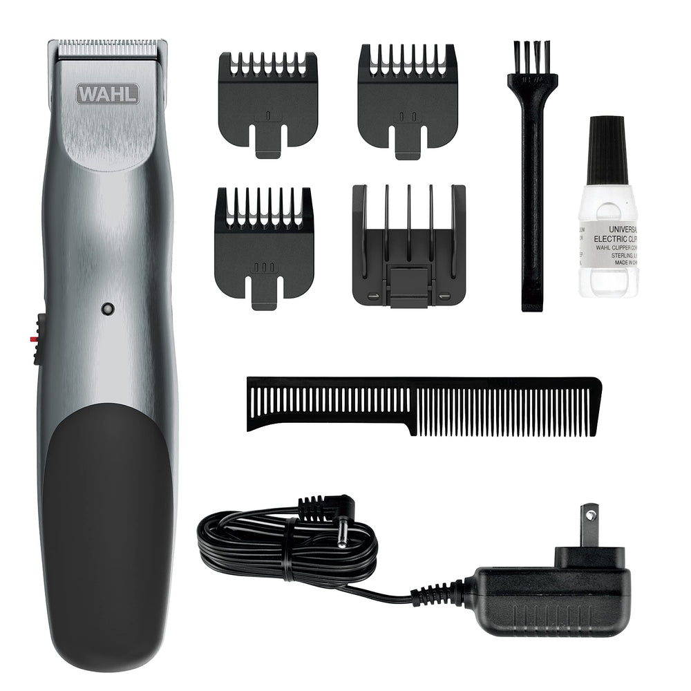 Wahl front view of trimmer showing brushed chrome housing and controls, for lasting style