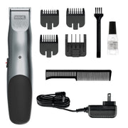 Wahl front view of trimmer showing brushed chrome housing and controls, for lasting style