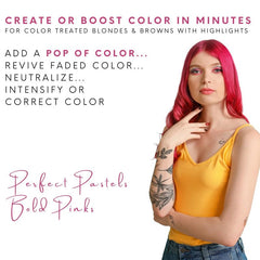 Watercolors pink foam lather on hair illustrating gentle cleansing and color deposit